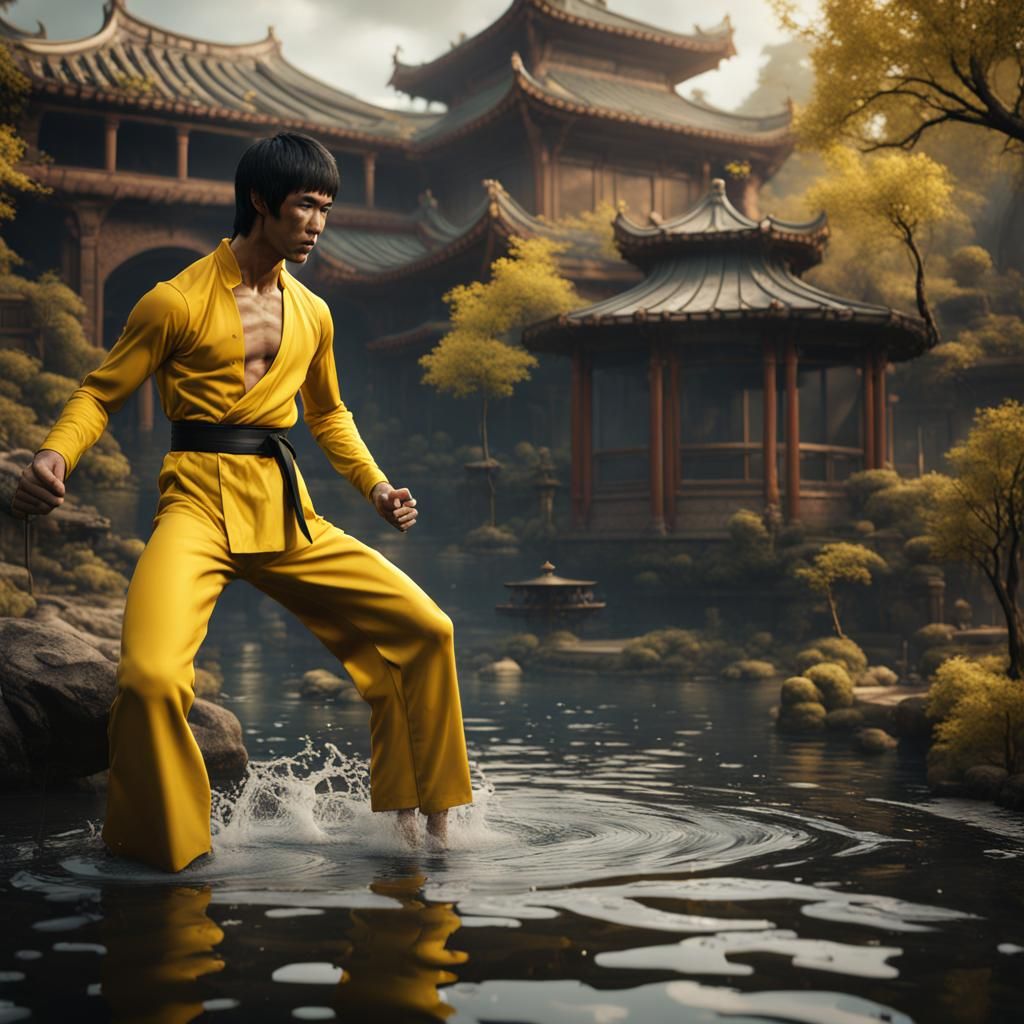 Bruce Lee in Yellow Suit: Detailed Matte Painting