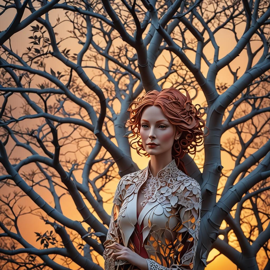 Sunrise Kirigami: Redhead Lady on a Tree