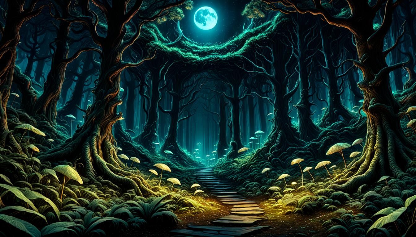 Phosphorescent Night Forest: Dark Fantasy Concept Art