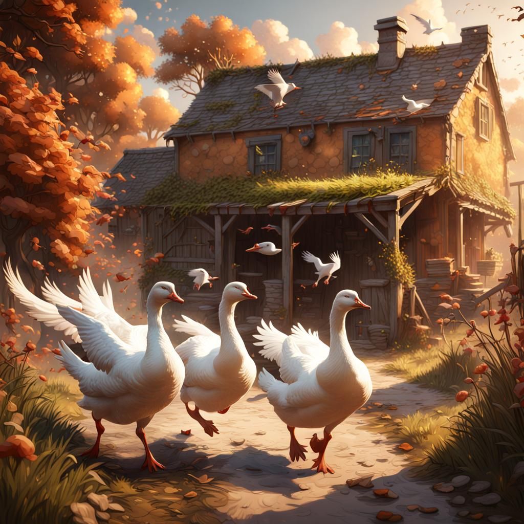 Geese Chase Cat on Farm: Detailed Matte Painting