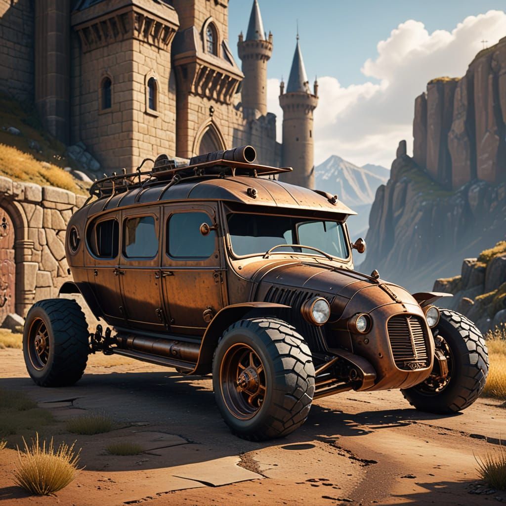Medieval Castle Hotrod in Futuristic Low-Poly Art