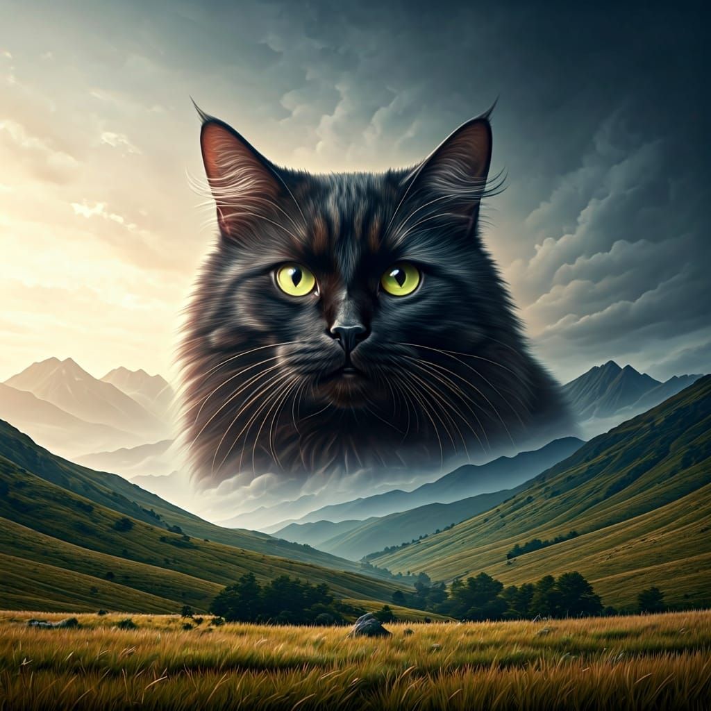 Black Cat in Dreamy Double Exposure Landscape