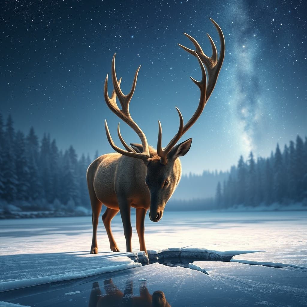 Majestic Deer Drinks from Frozen Lake in 3D Anime Style