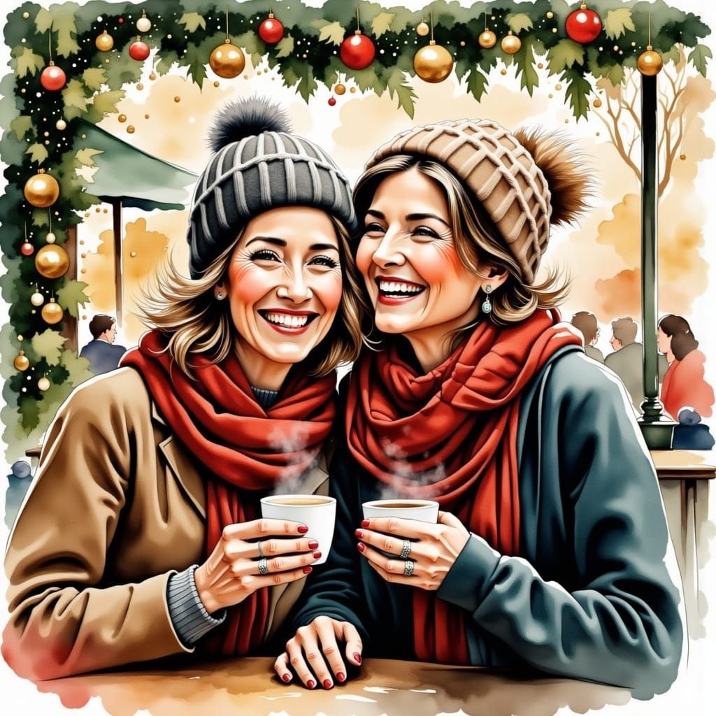 Two Friends Share Joy in Vibrant Winter Cafe Scene