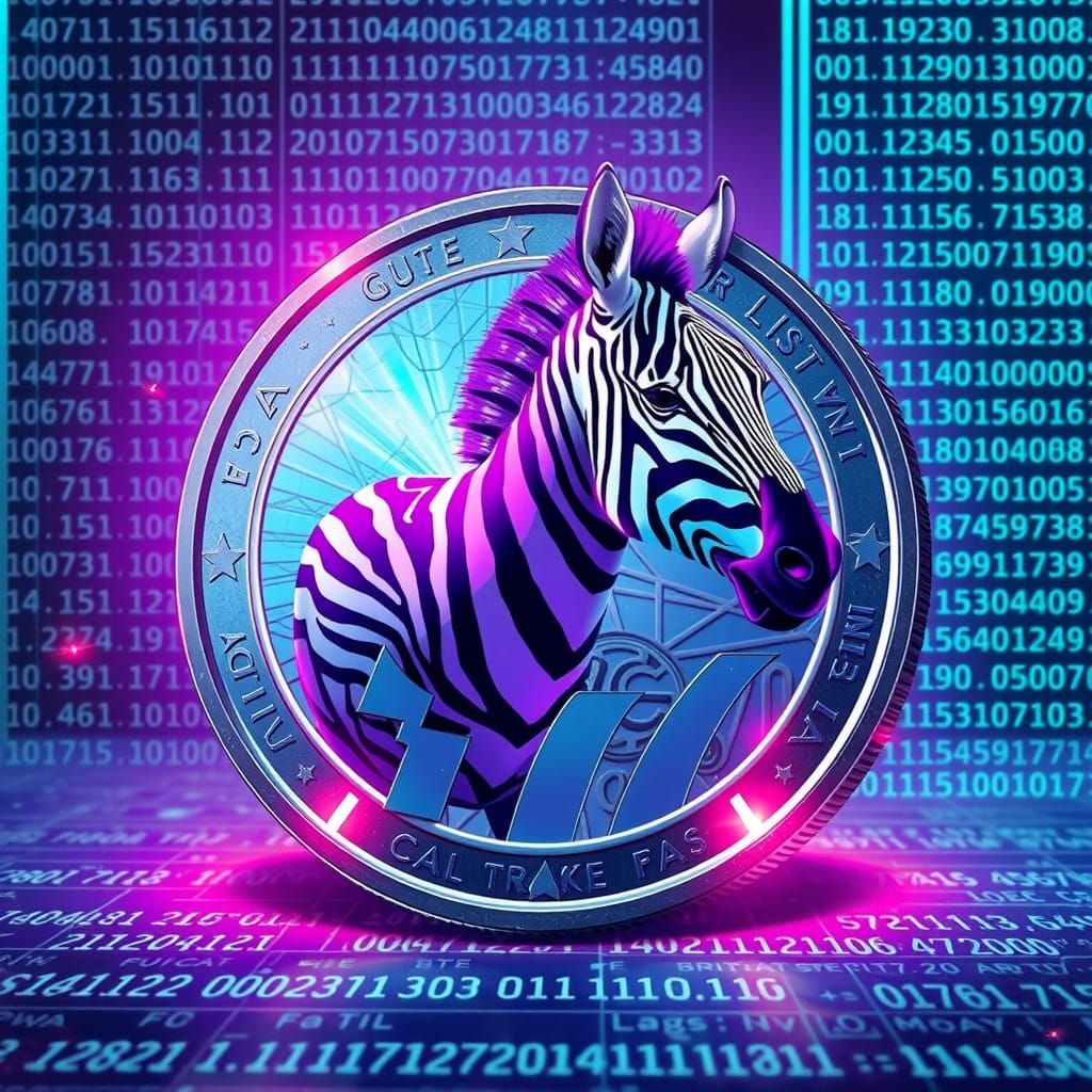 Purple Zebra Emerges from Retro-Futuristic Coin in Pixelated...
