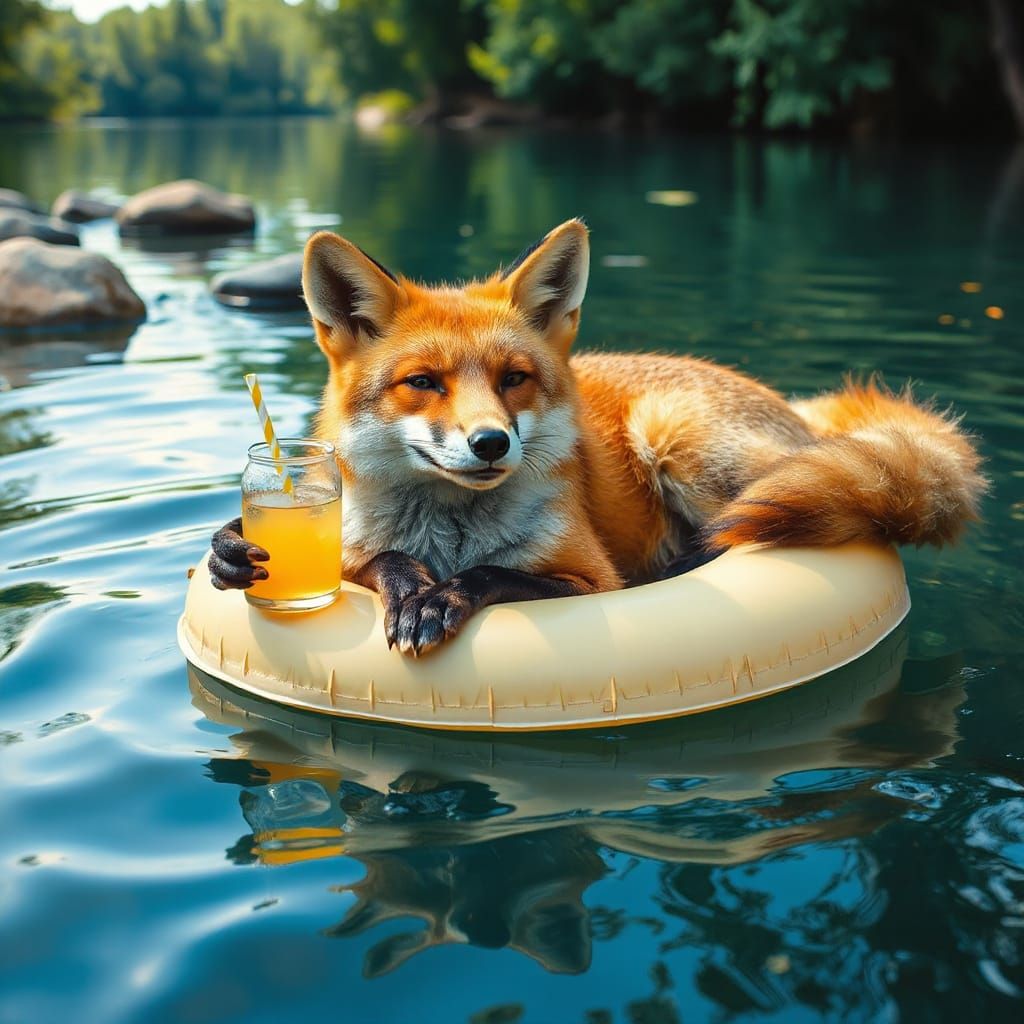 Fox Lounging in Lazy River with Cocktail