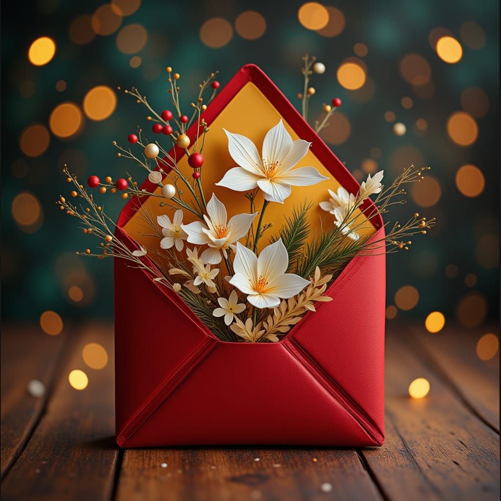 Exquisite Christmas Envelope with Flowers and Gold Decoratio...