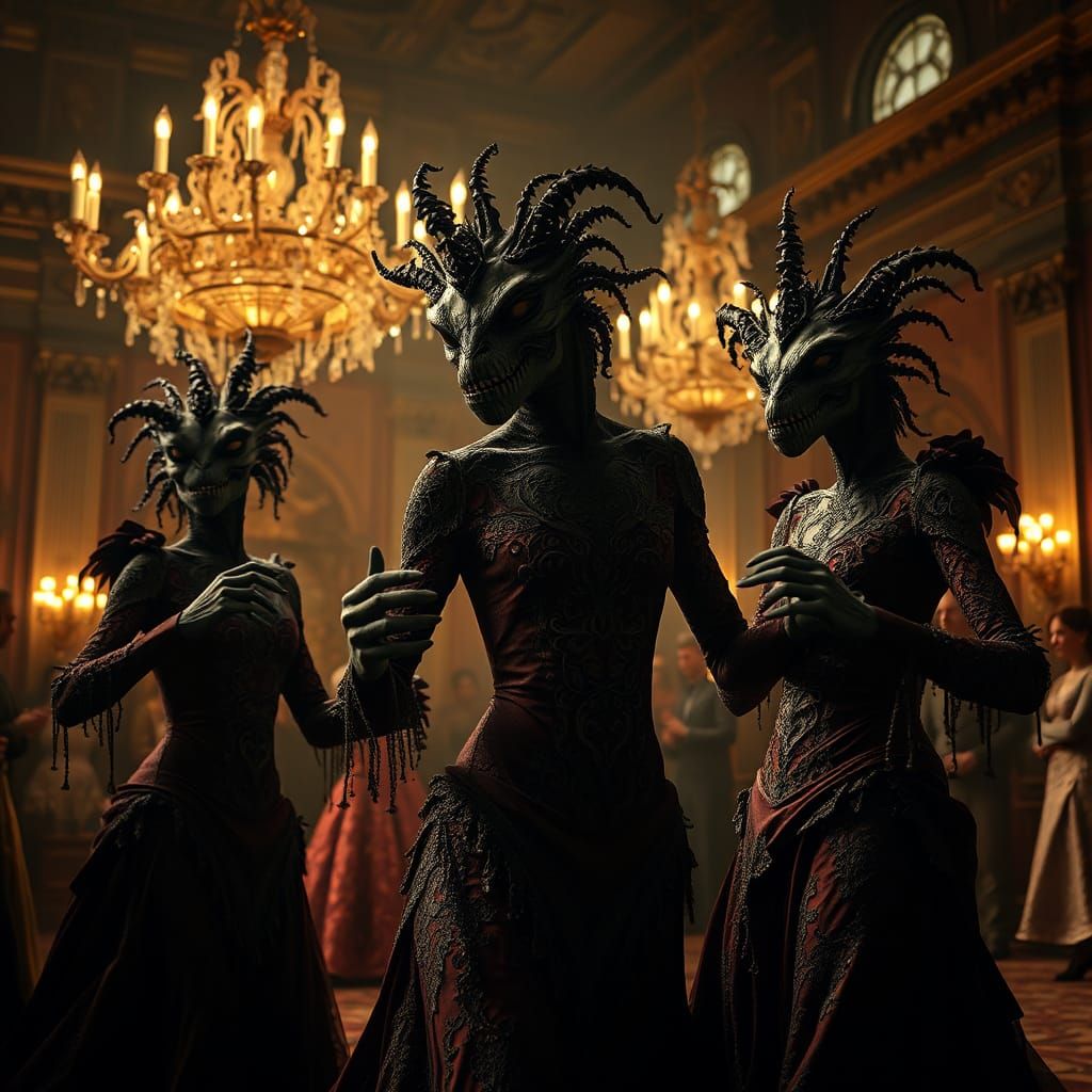 Monsters Dancing in a Victorian Gothic Ballroom