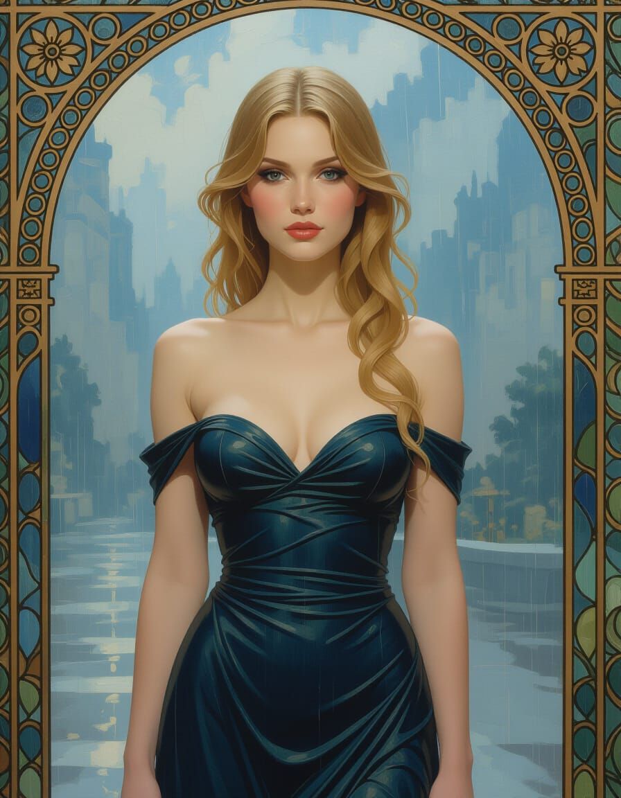 Ethereal Woman in Rain, Art Nouveau Style