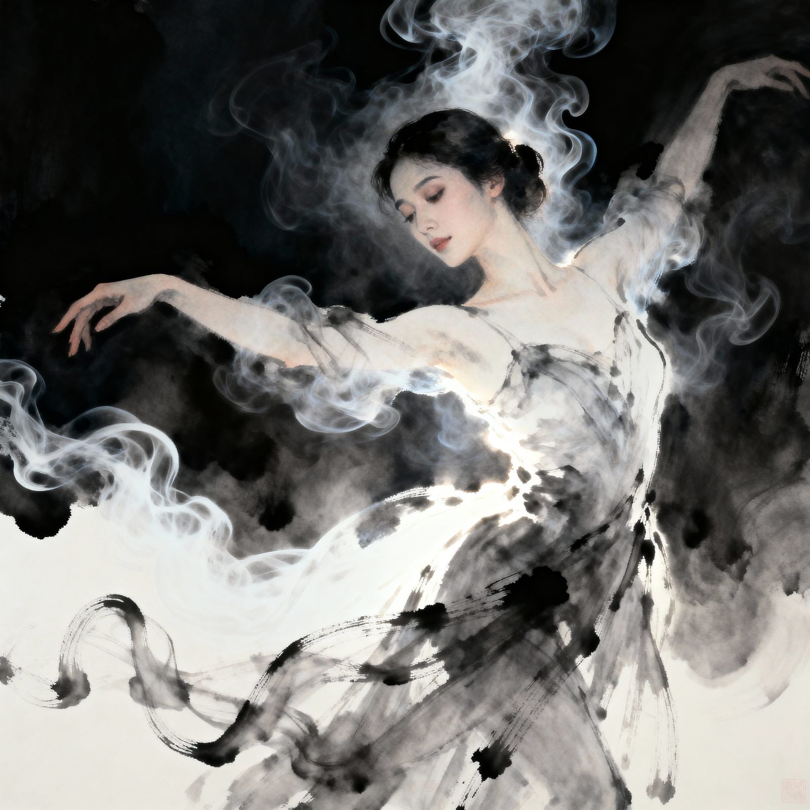 Woman's Smoke Sculpture Portrait in Flowing Fabric Style