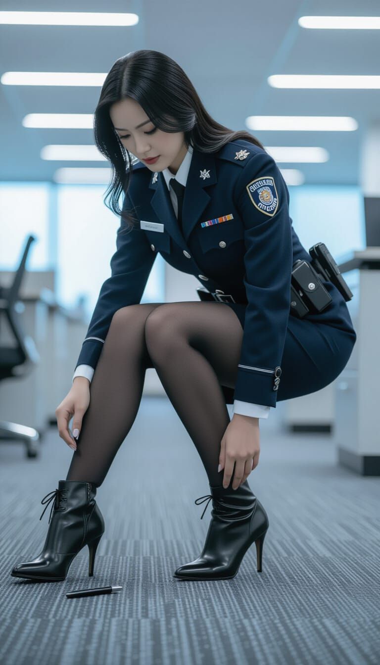 Police Officer Bends Down in Modern Office