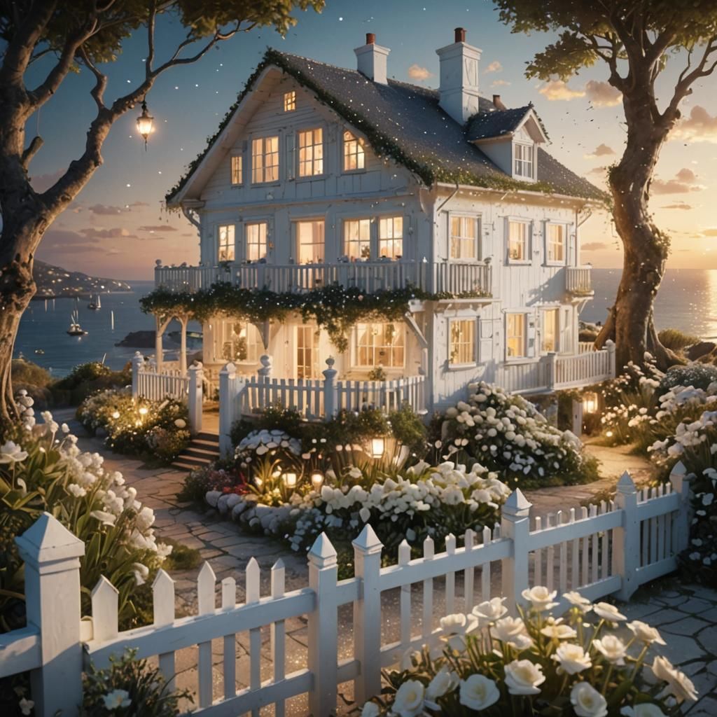 Picturesque Seaside Cottage at Sunset in Maximalist Style