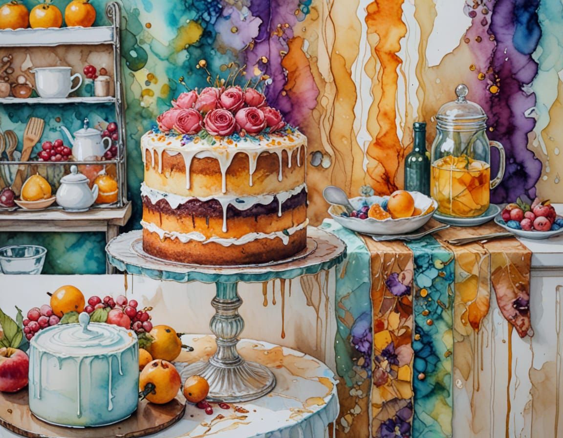 Vibrant Impasto Painting of a Decorated Cake