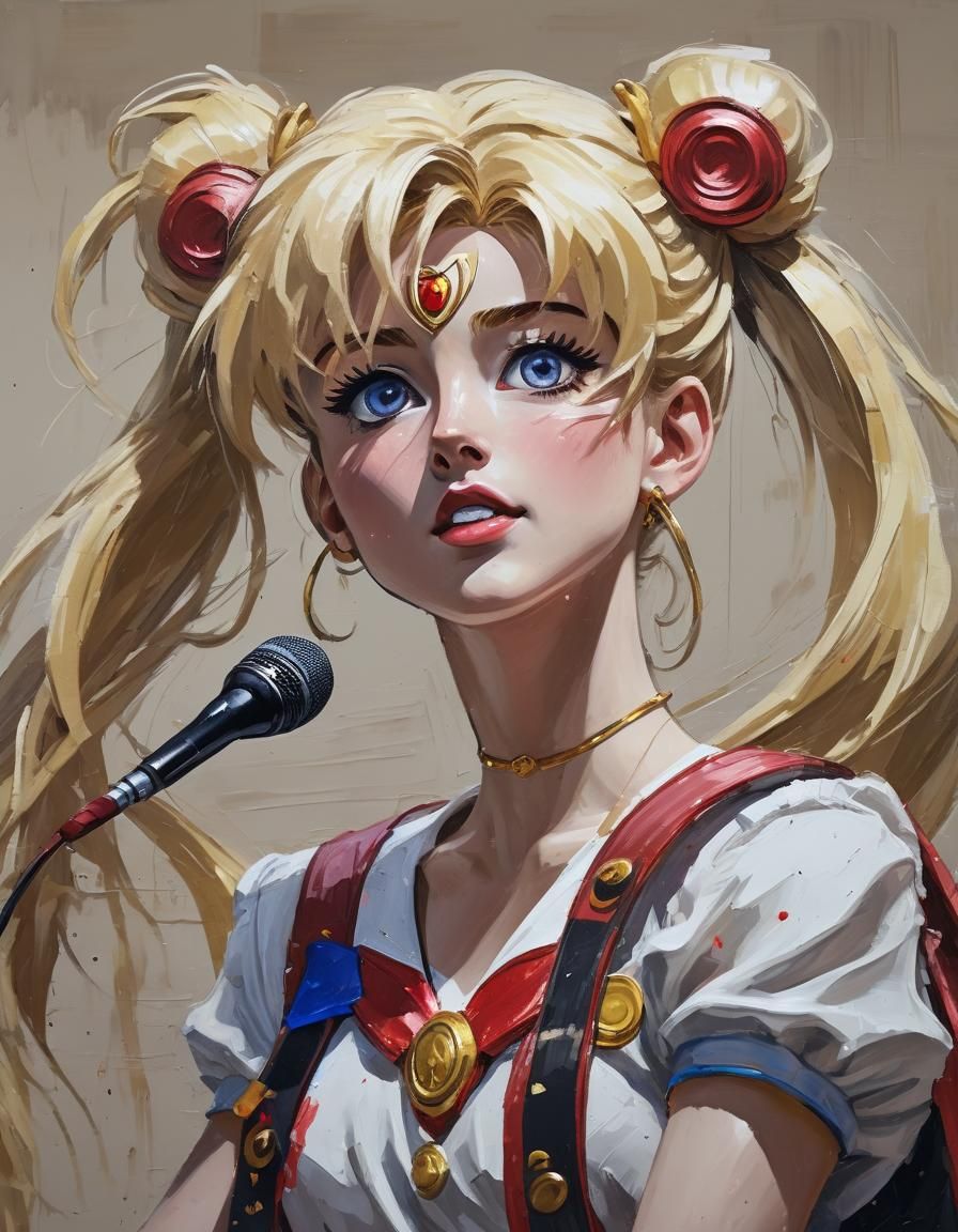 Sailor Moon as Rock Star, Impasto Acrylic Painting