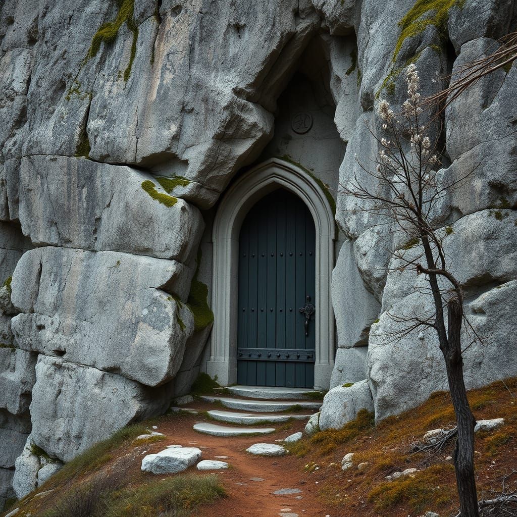 Mysterious Door in Limestone Cliff: Graffiti Art
