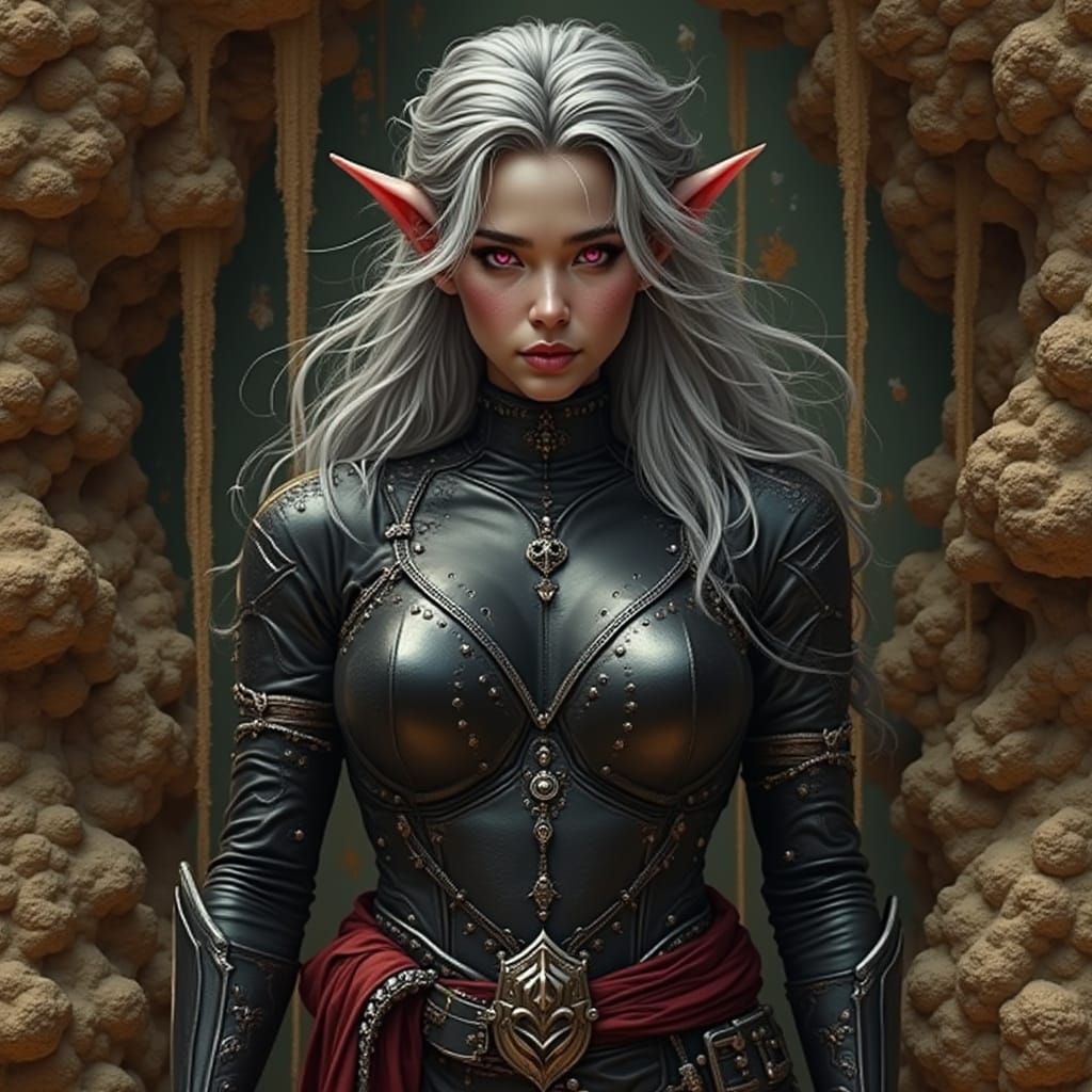Cyberpunk-Inspired Drow Elf Female with Elegant Armor