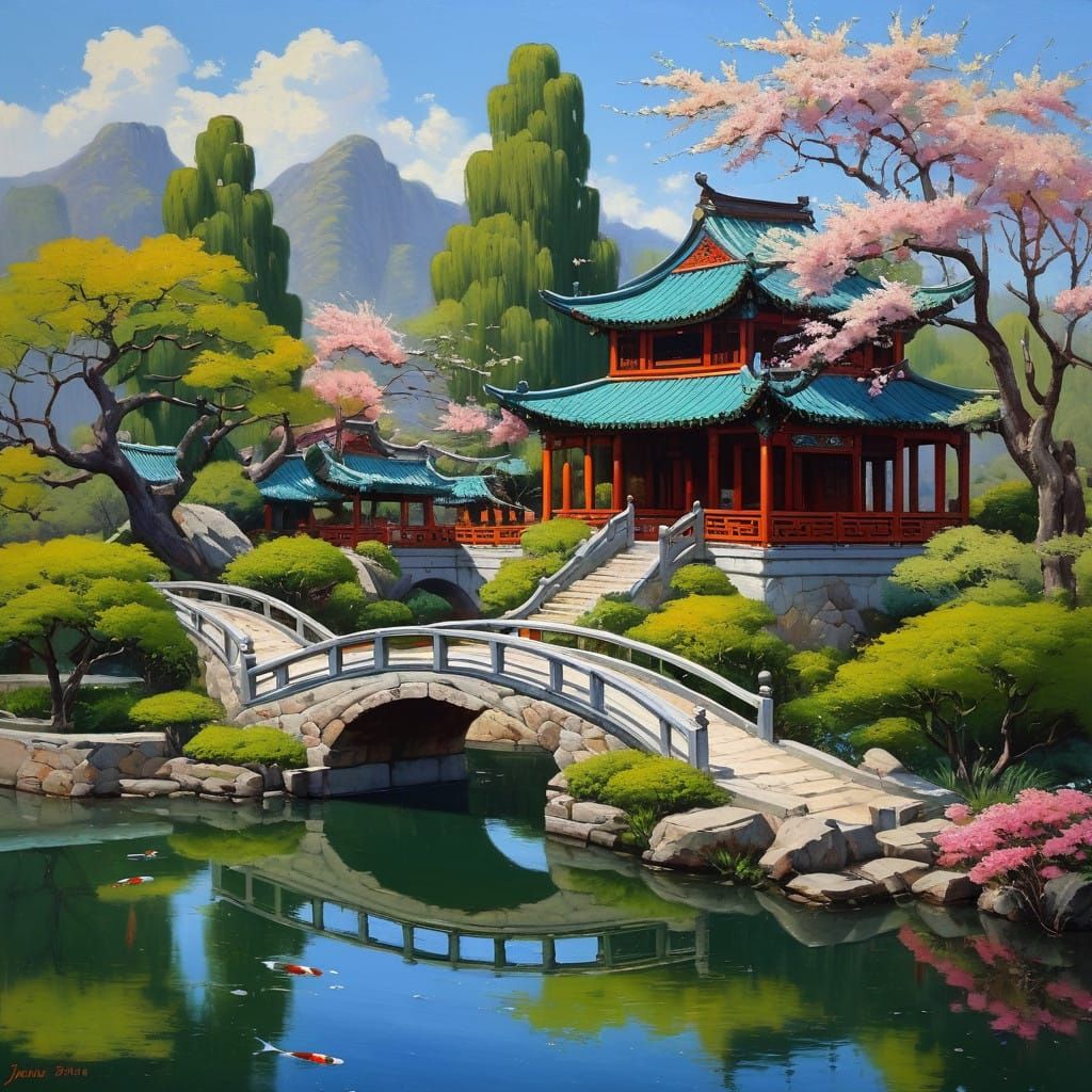 Historic Chinese Garden in Splendid Oil Painting