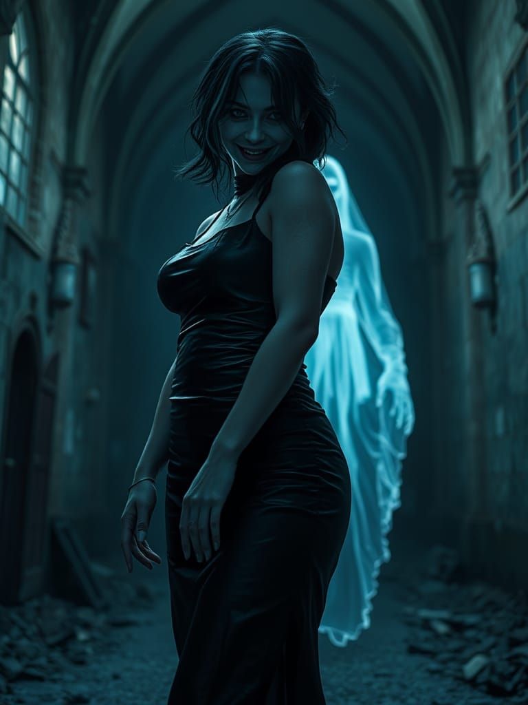 Eerie Ghostly Woman in Abandoned Castle, Dark Horror Portrai...