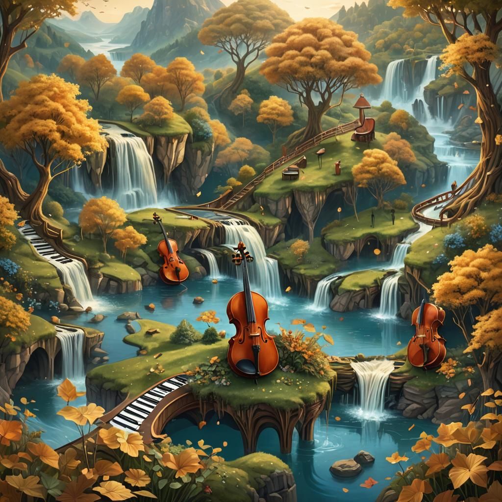 Surreal Musical Landscape with Giant Instruments