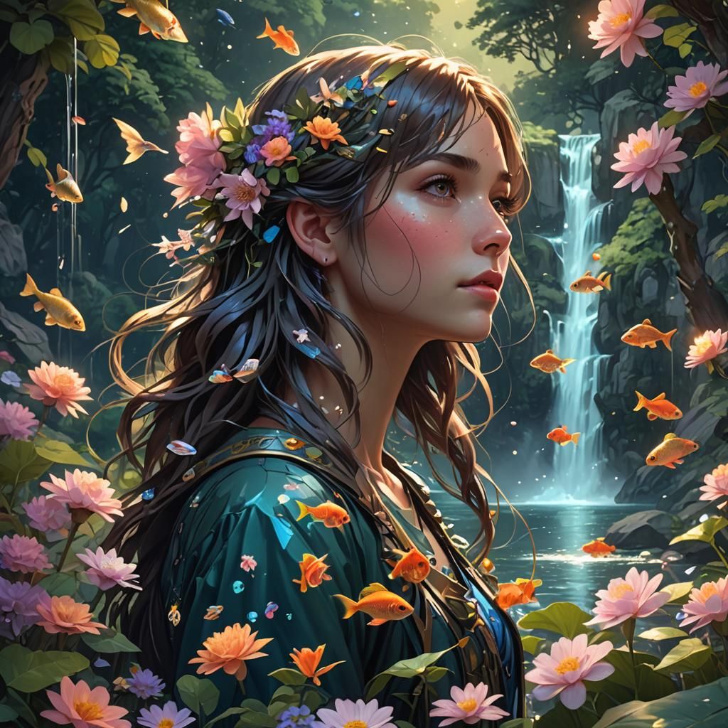 Lush Landscape with Waterfall and Animals