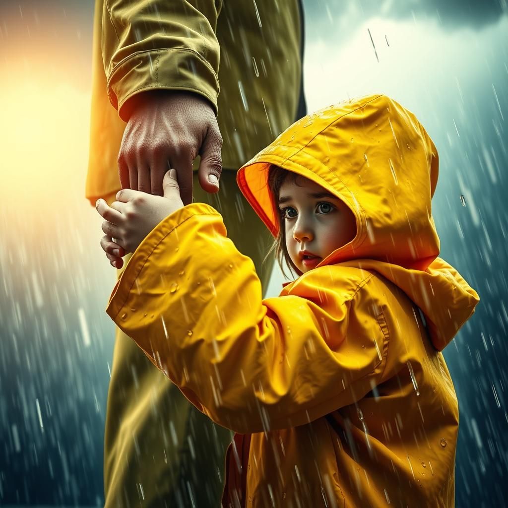 Girl Rescues Father in Rain: Hyperrealistic Splash Art