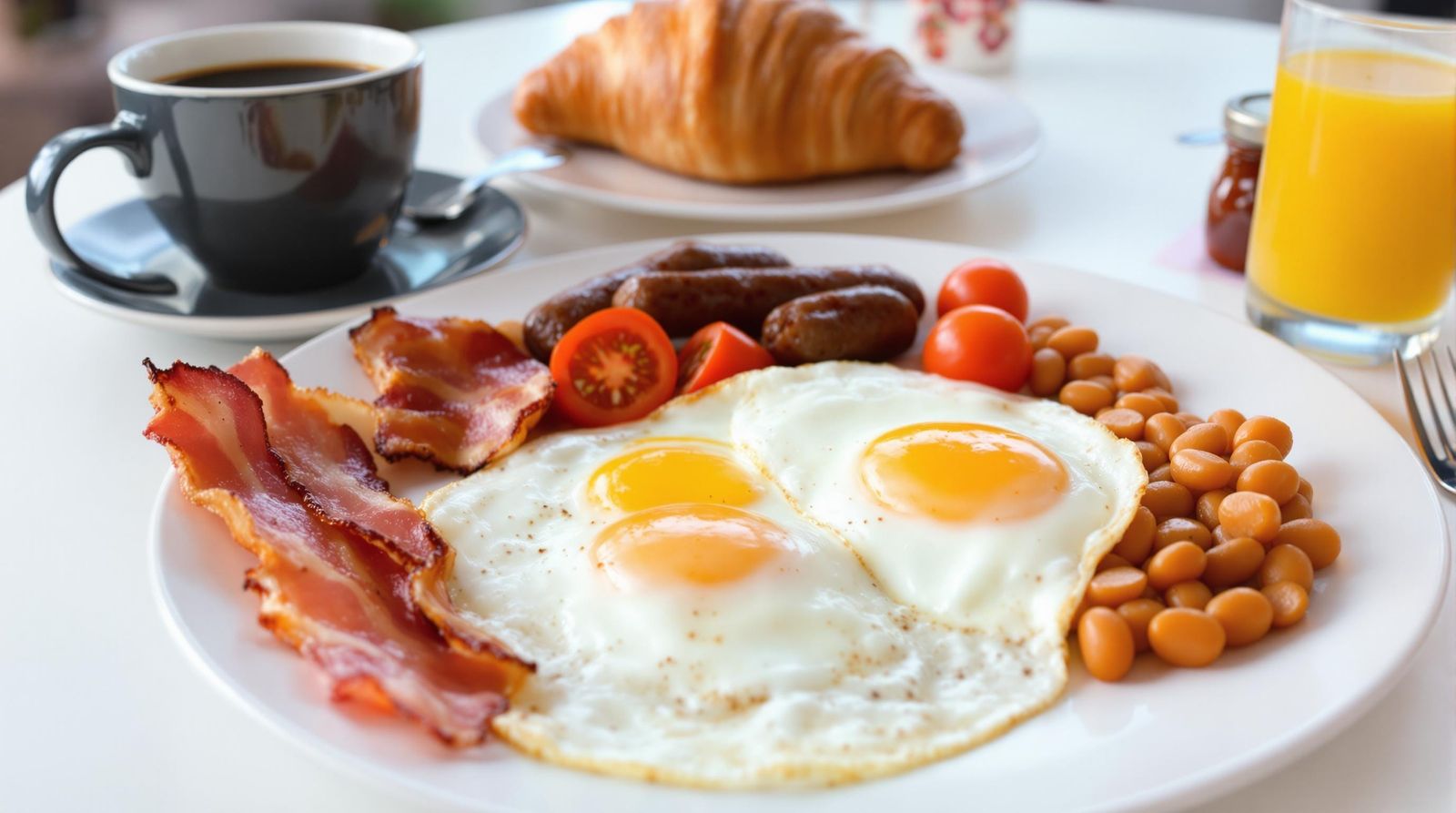 Cozy Morning Breakfast Setup with Golden Eggs and Crispy Bac...