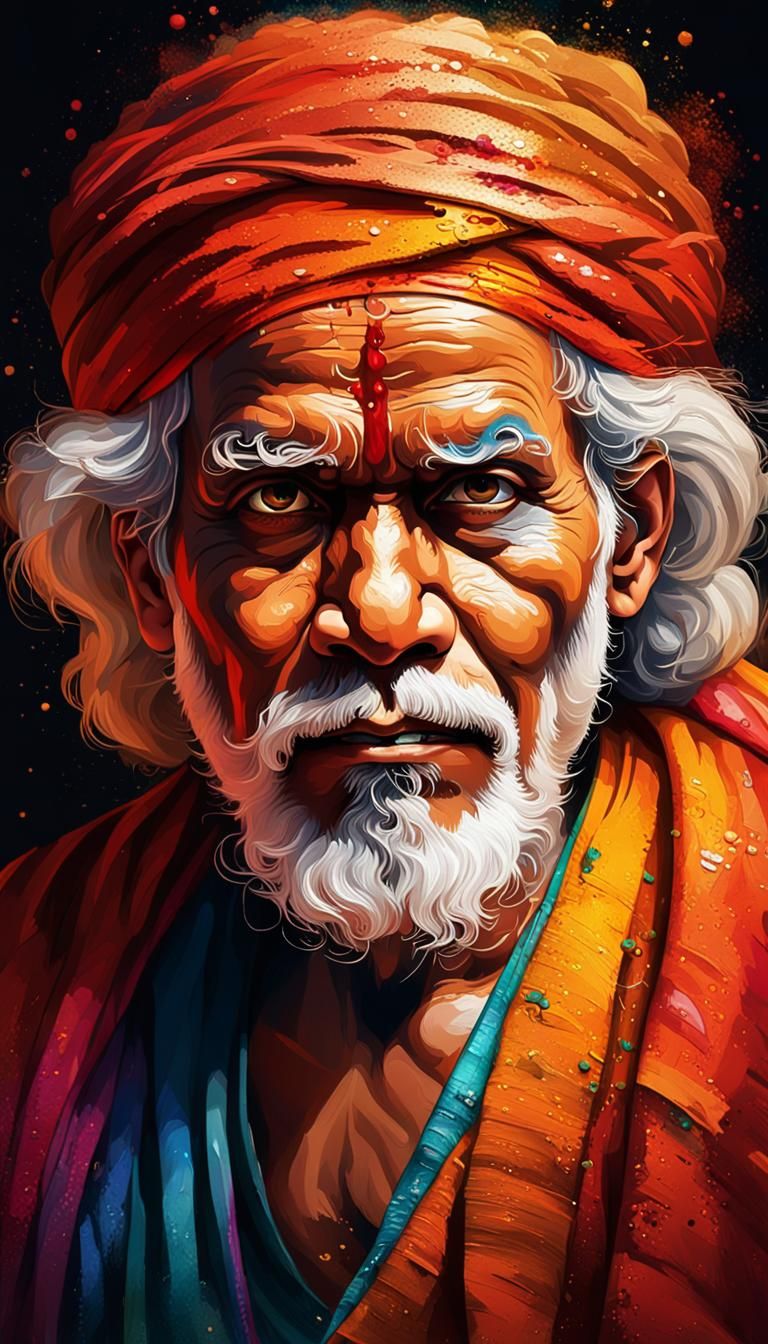 Vibrant Portrait of Sai Baba in Splash Art Style