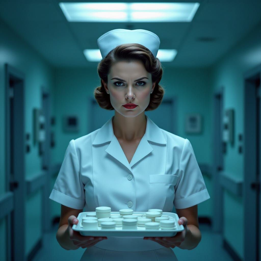 Stern Nurse Ratched in Retro Psychiatric Ward