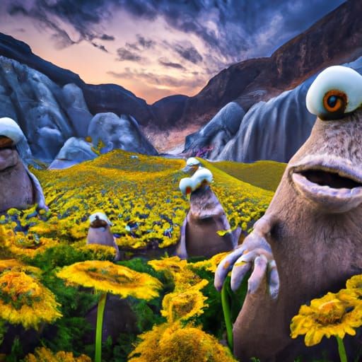 Anthropomorphic Wildflowers Stroll in Surreal Field