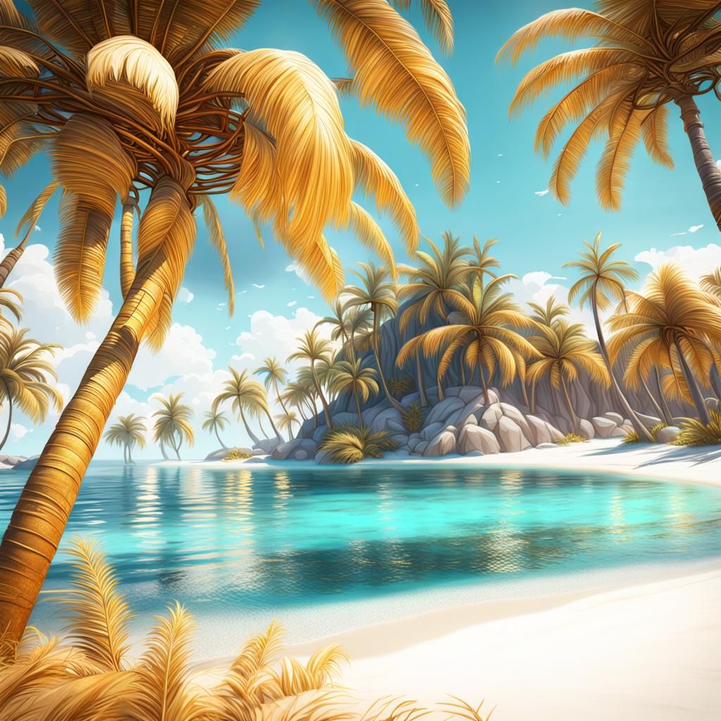Golden Palms on Turquoise Sea: Fantasy Concept Art