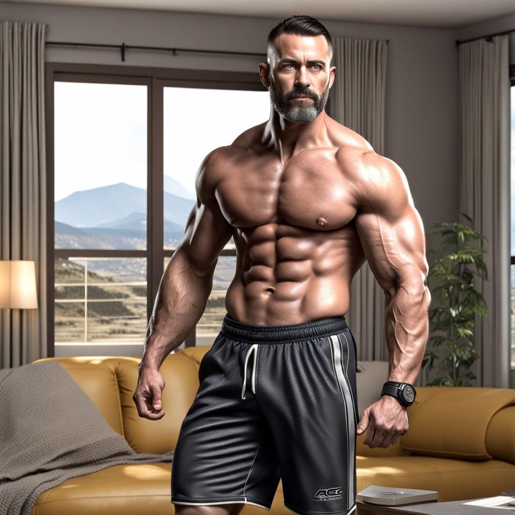 Photorealistic Muscular Man in Briefs in Living Room