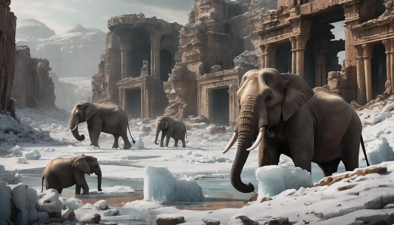 Elephants Thriving Amidst Ruins in a Frozen Wasteland