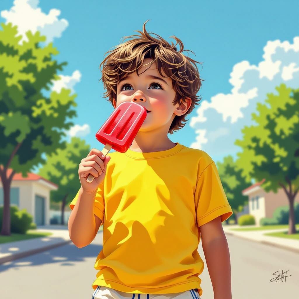 Boy With Red Popsicle, Hyperrealistic Comic Style