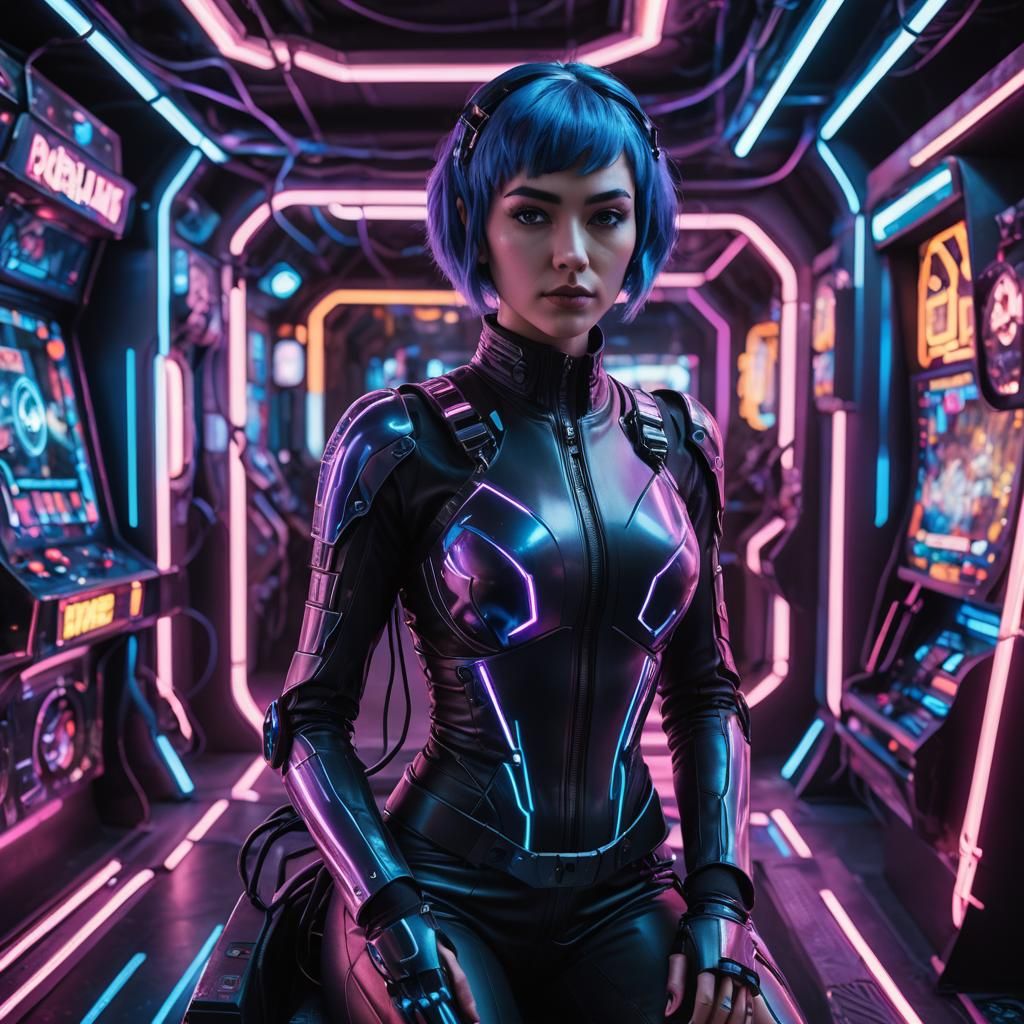 Cyberpunk Gamer in Neon Arcade: Hyperrealistic Immersion