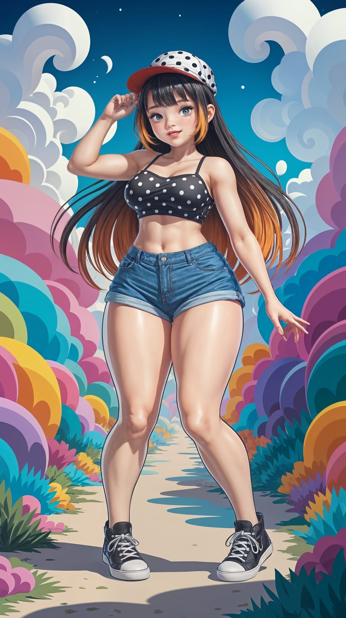 Anime Girl with Polka Dots in Colorful Scene