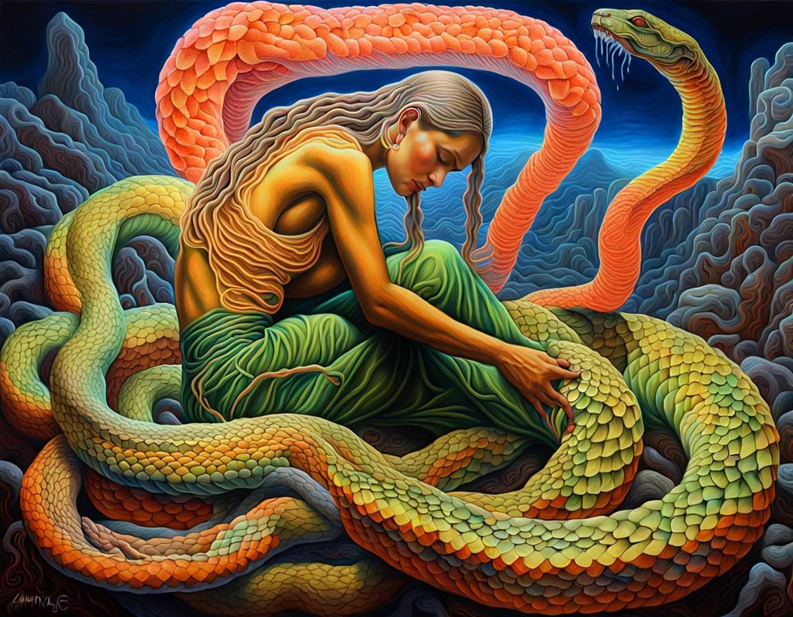 Crystal Neon Snakes Slithering Over Woman, Oil Painting