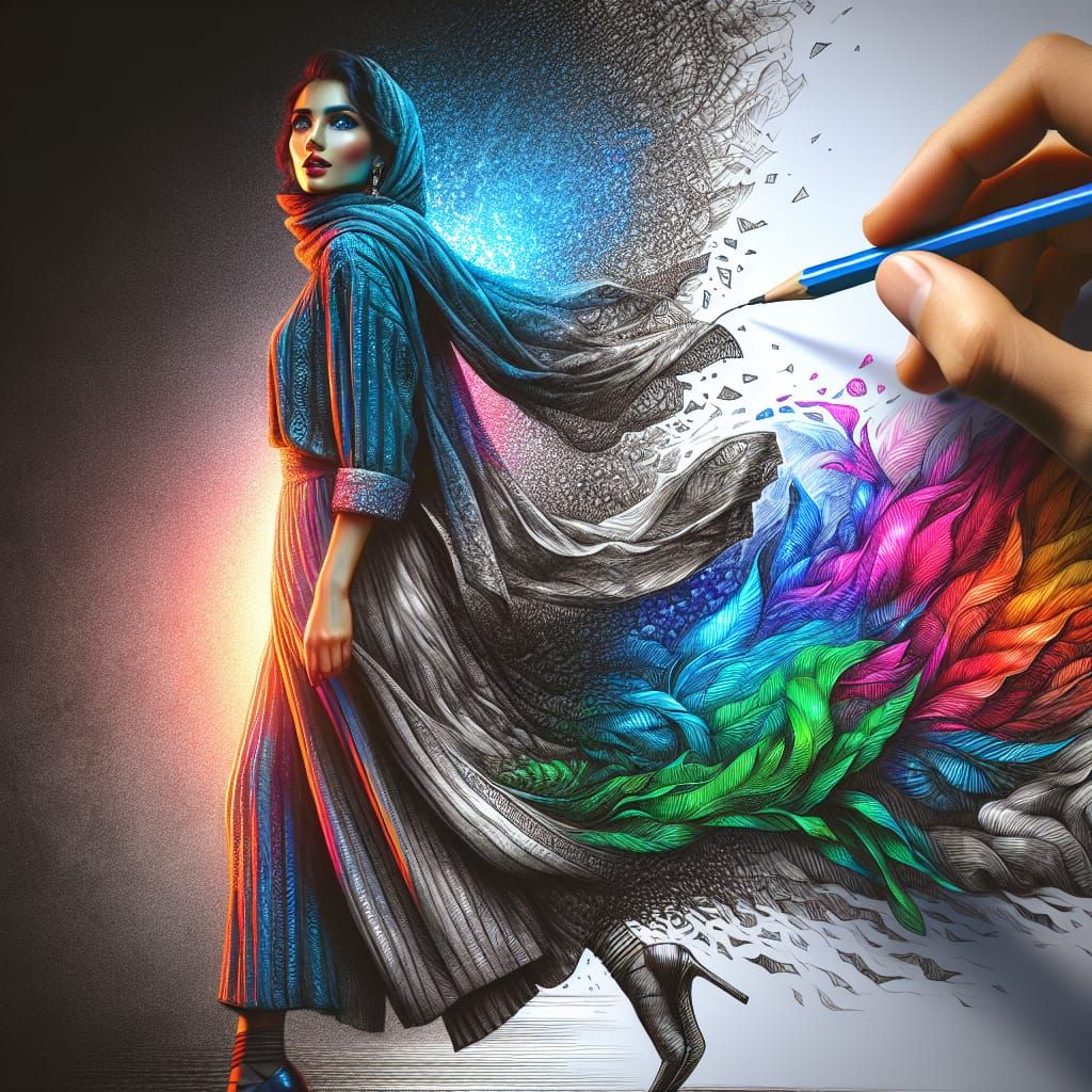 Woman Emerges from Sketch into Vibrant Reality