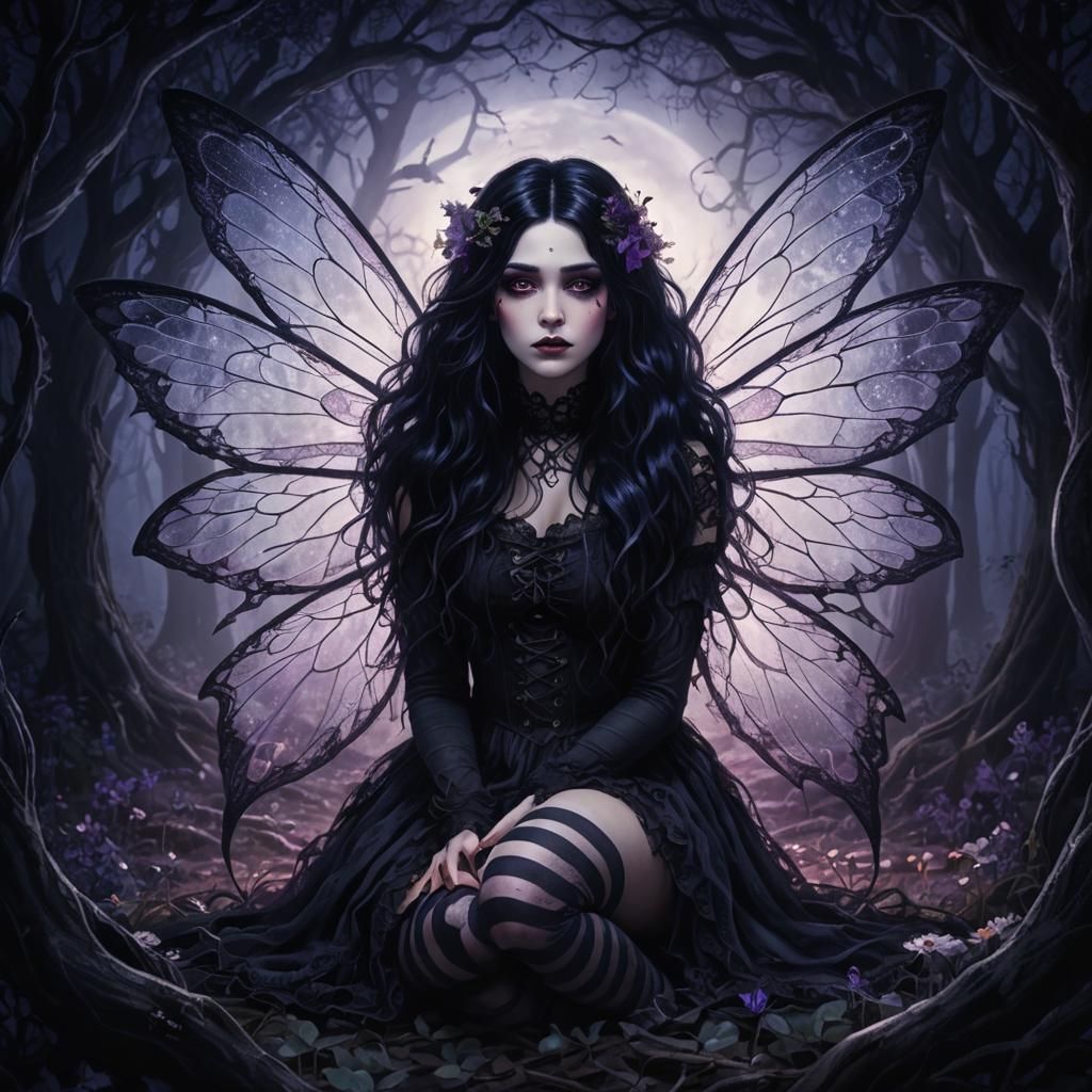 Gothic Fairy in Moonlit Forest with Lacy Wings