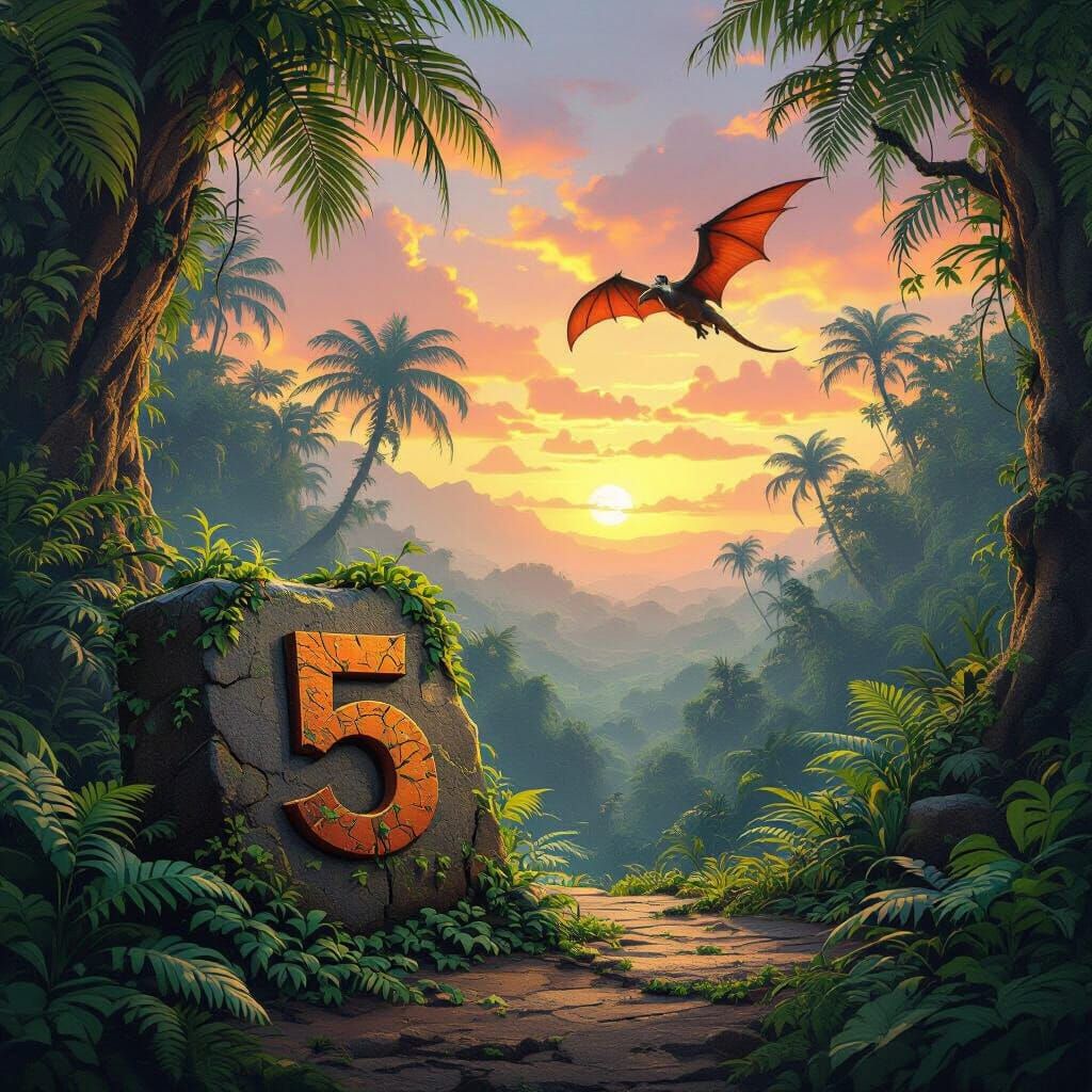 Prehistoric Jungle Scene With Number 5 and Pterodactyl