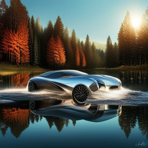 Aquatic Car in Forest Lake, Digital Illustration