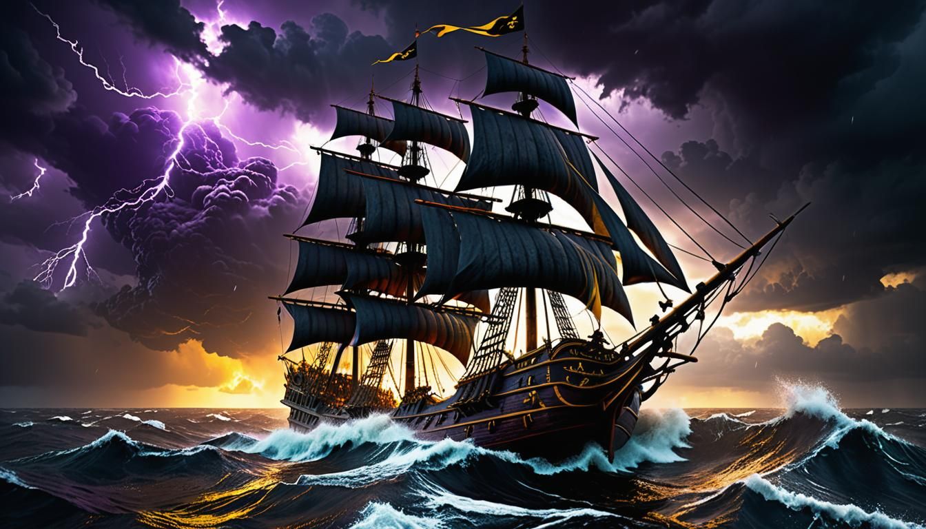 Pirate Ship Sails Through Storm as Digital Art