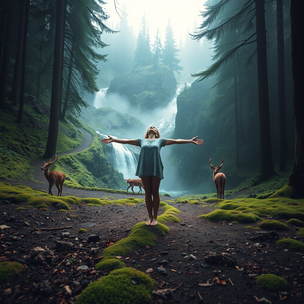 Ethereal Forest Goddess in Whimsical Nature Scene