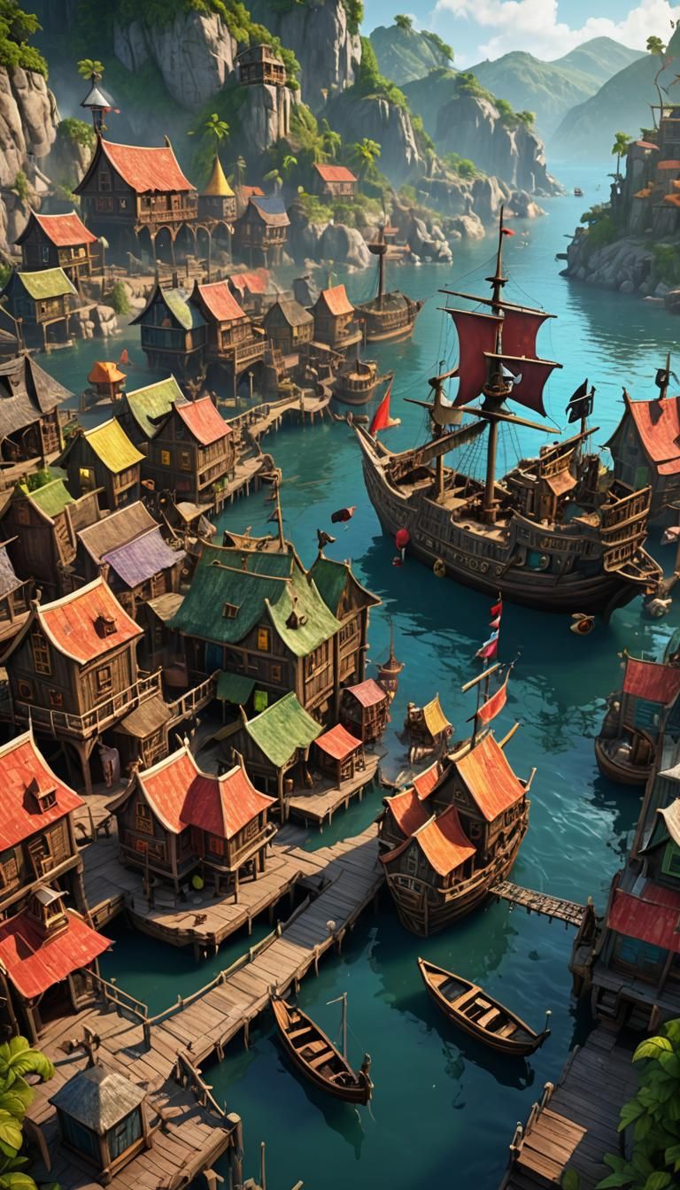 Colorful Pirate Village with Ships: Fantasy Concept Art