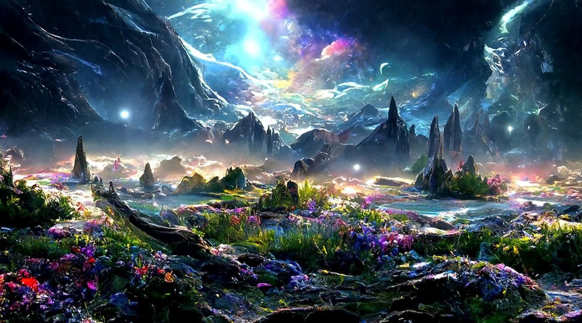 Iridescent Fantasy Landscape with Crystal Spires
