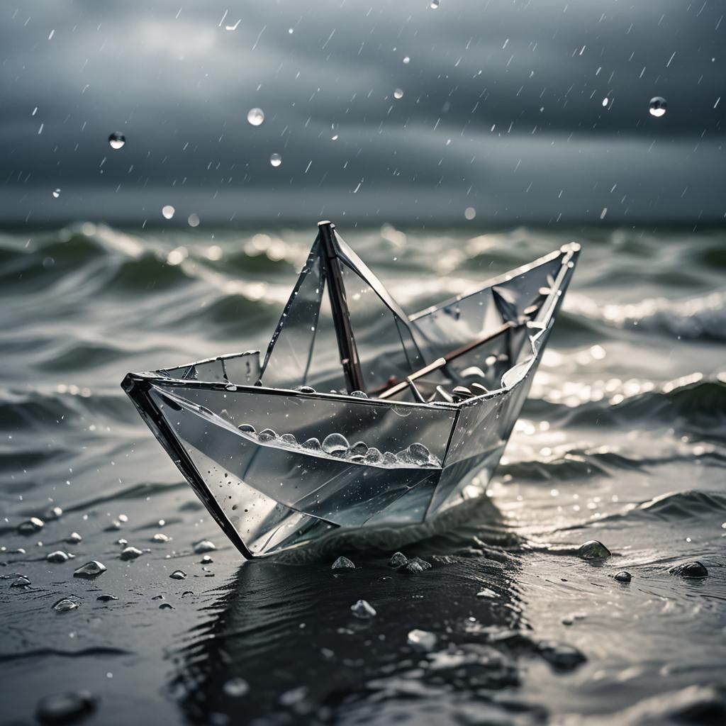Glass Origami Boat in Storm with Bokeh Blur