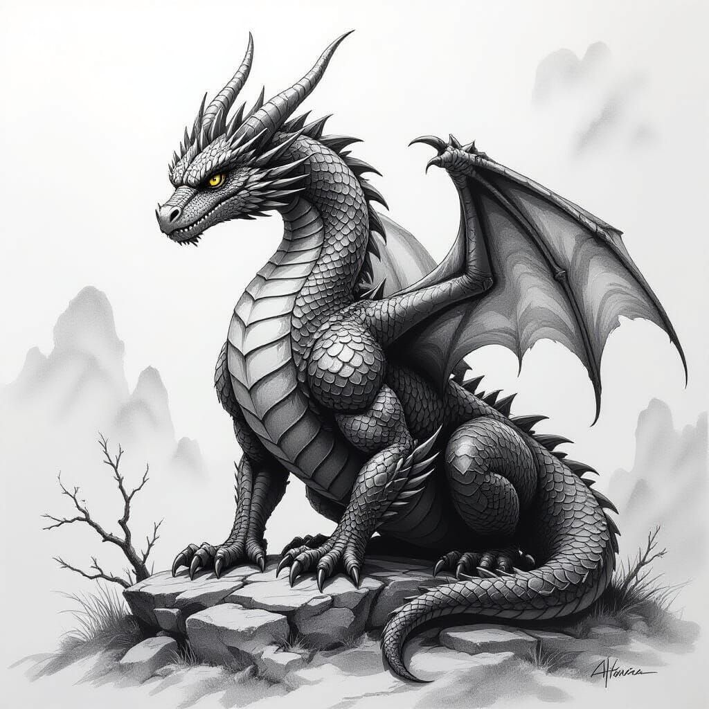 Hyperdetailed Charcoal Drawing of a Dragon Arising from Lead...