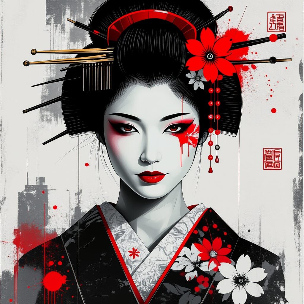 Striking Geisha Portrait with Graffiti Art Elements