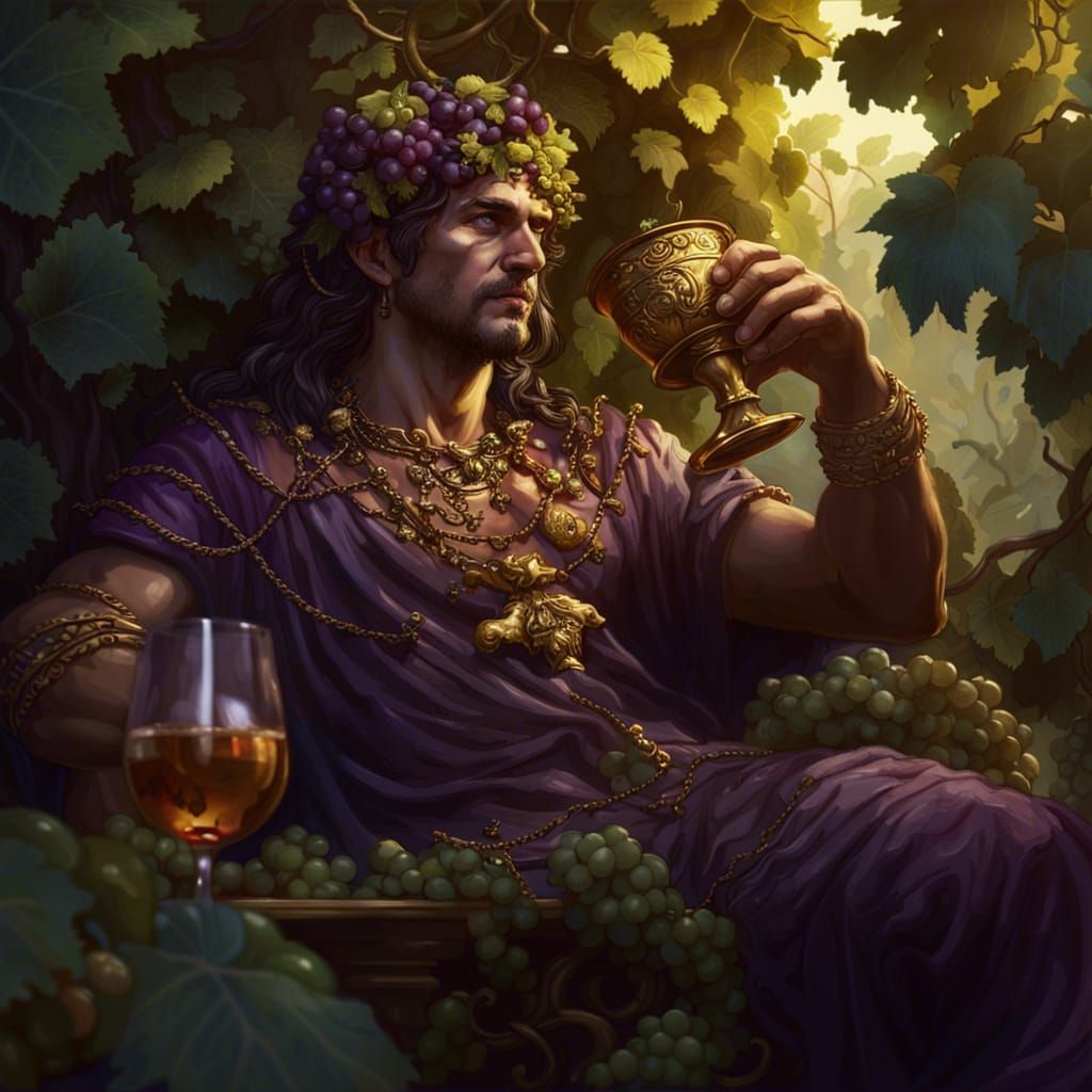 Dionysus Lounging in Grape Vines: Dark Fantasy Art