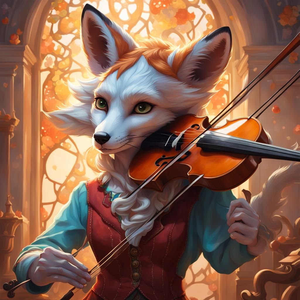 Anthro Fox Girl Plays Violin in Art Nouveau Style