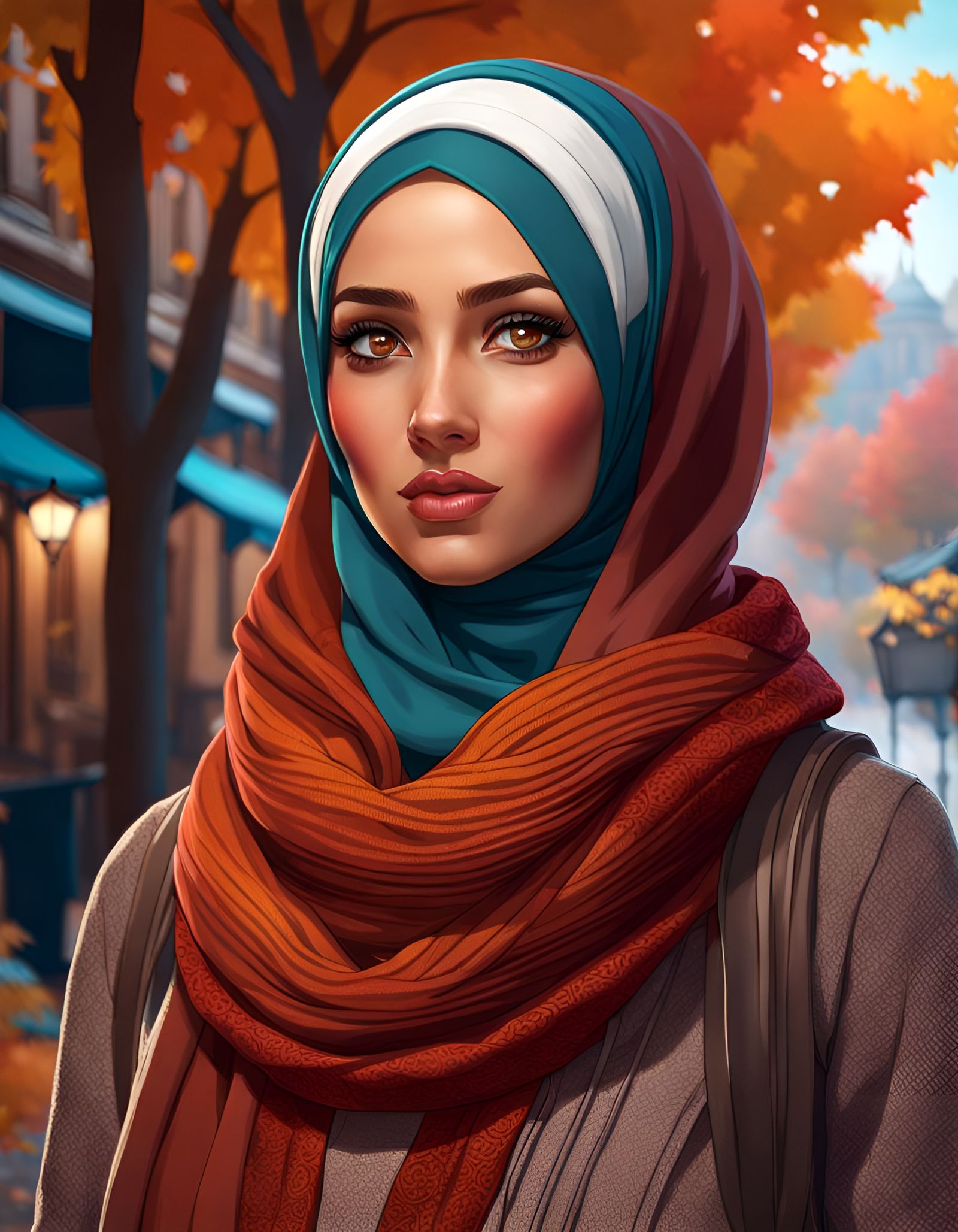 Cozy Hijabi Woman in Autumn City Portrait
